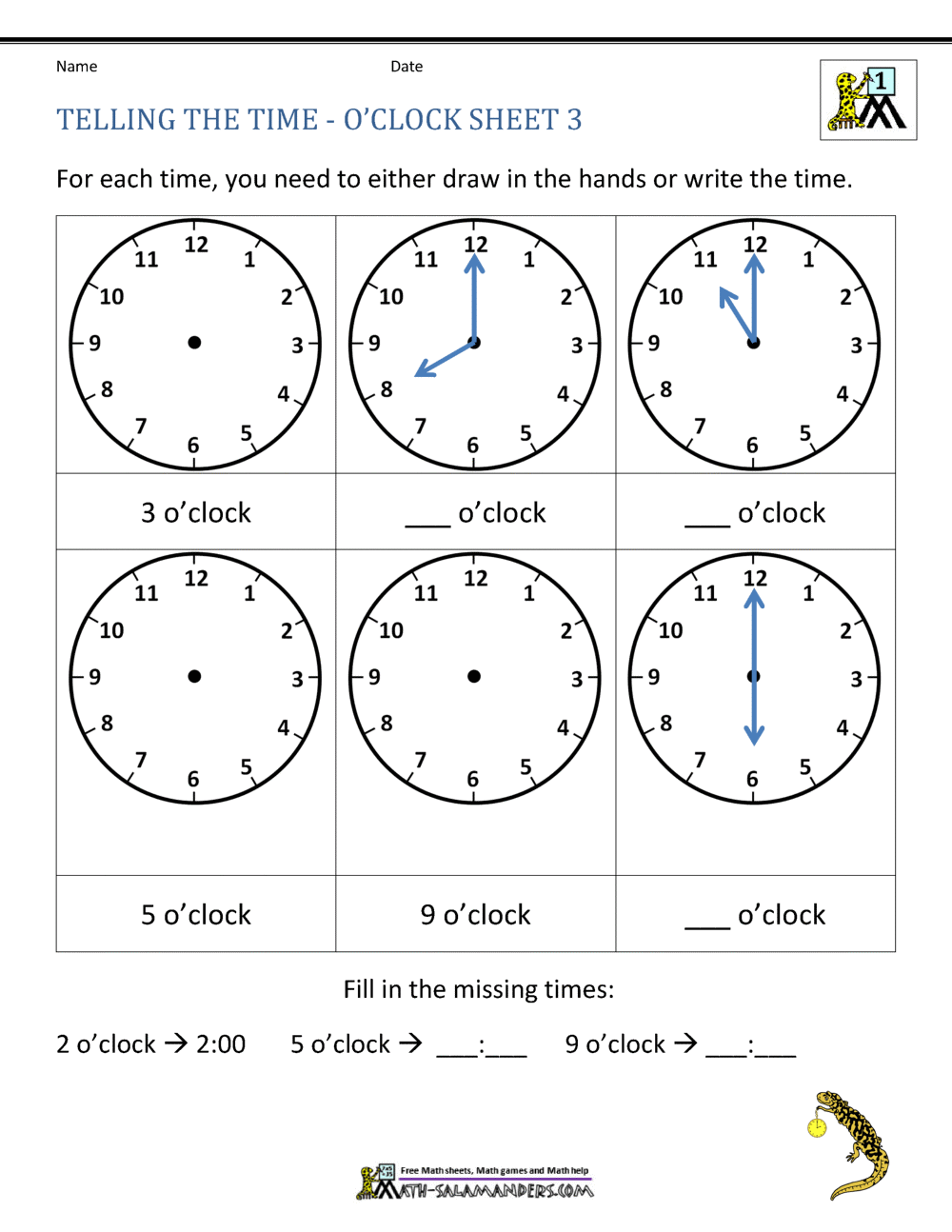 Telling Time Worksheets - Oclock and Half past
