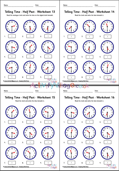 Telling Time Worksheets - Half Past - Pack 4