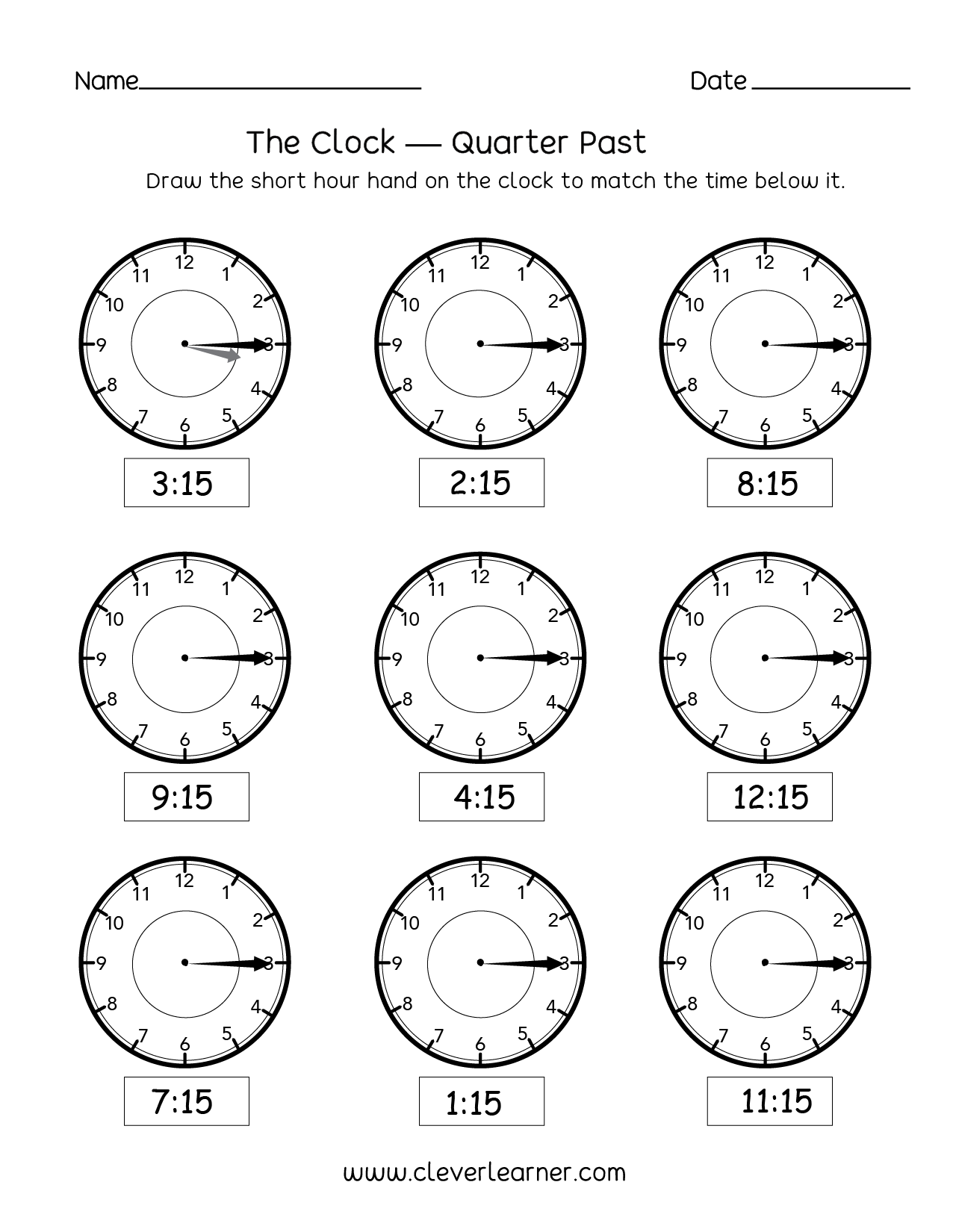 Telling time, quarter past the hour worksheets for 2nd graders