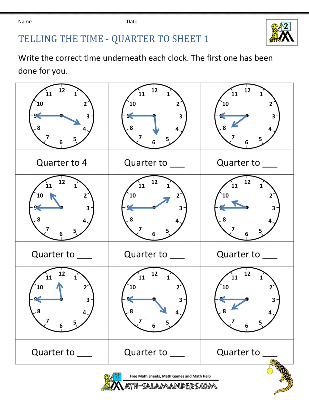 Clock Worksheet - Quarter Past and Quarter to