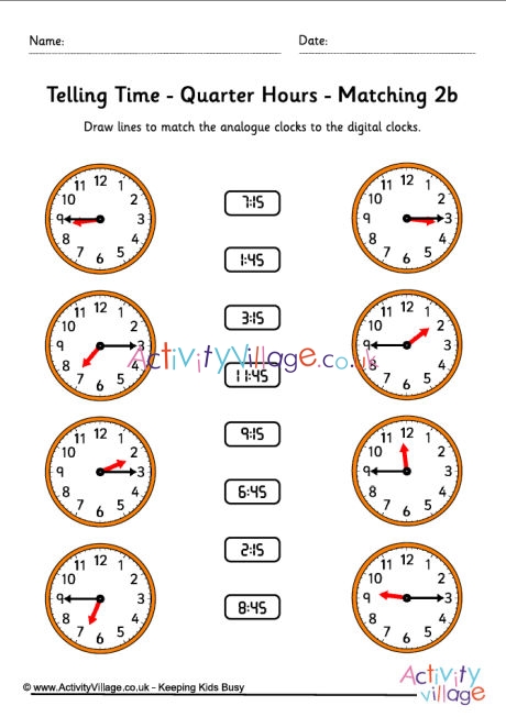 Telling Time Worksheets - Quarter Hours - Pack 6