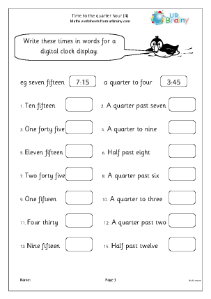 telling time worksheet quarter past