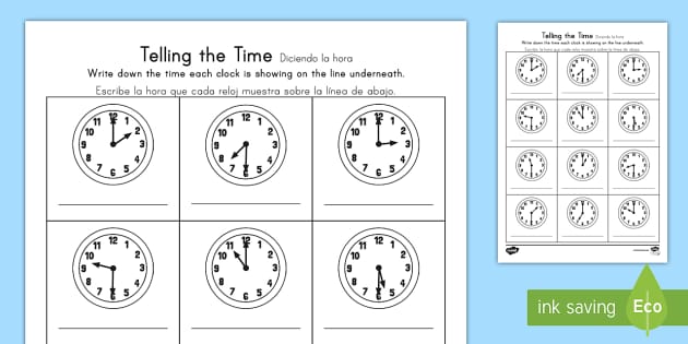 Hour and Half Past Times Worksheet / Worksheet English/Spanish - O ...