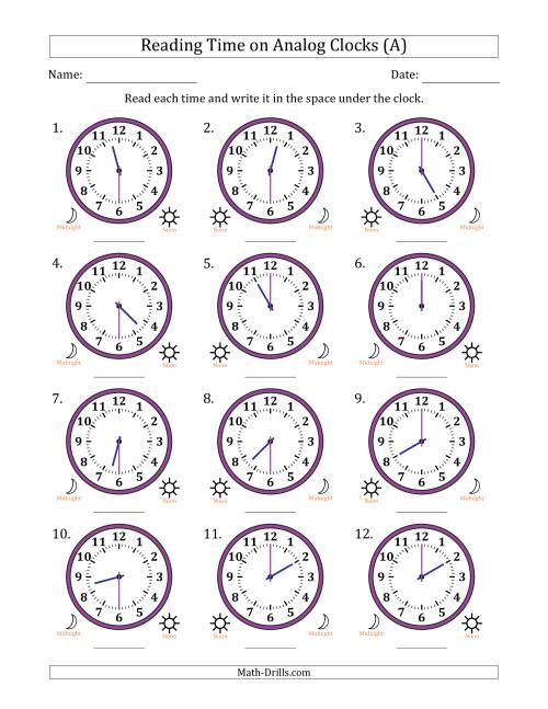 Reading 12 Hour Time on Analog Clocks in 30 Minute Intervals (12 ...