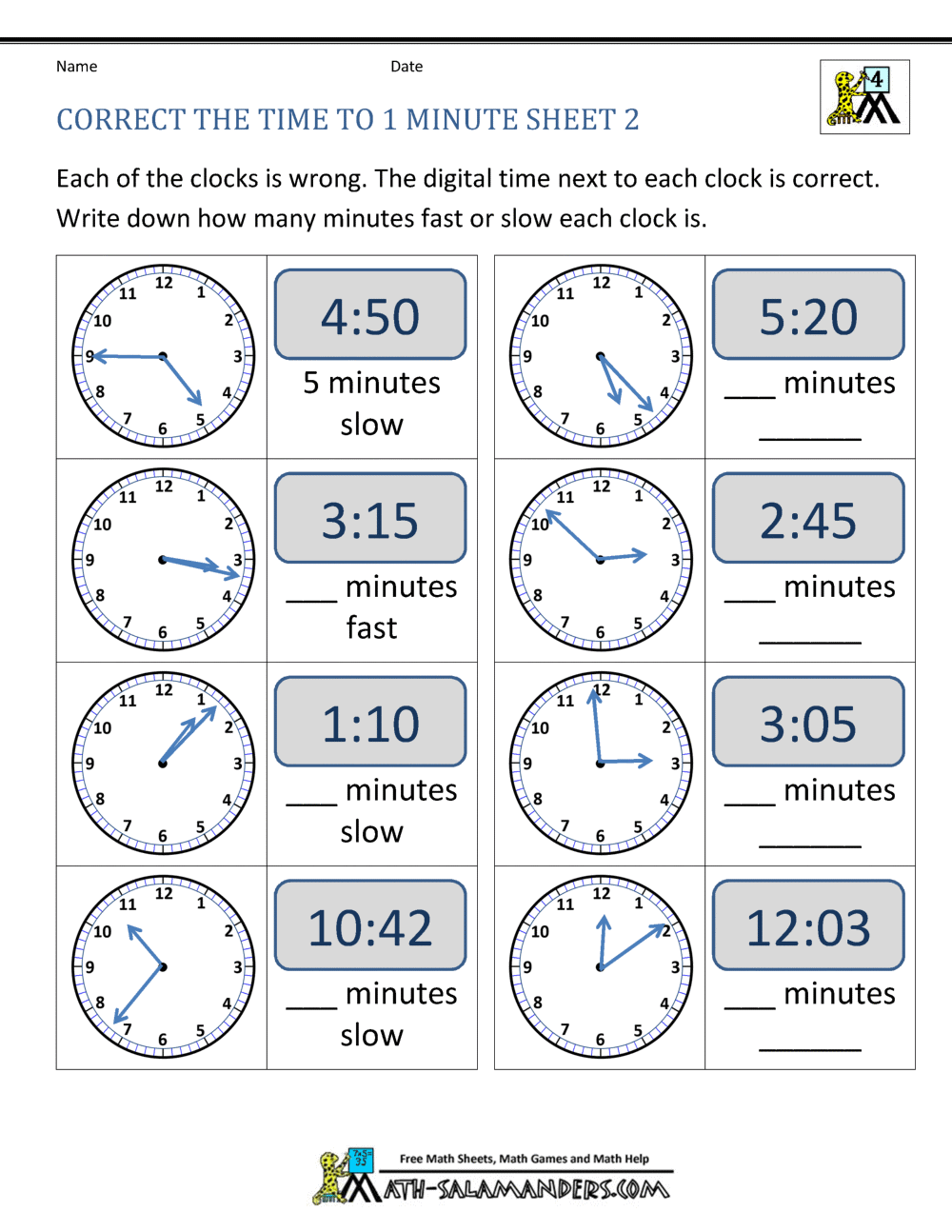 Telling Time Worksheets Grade 4 to the nearest minute