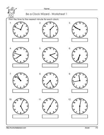 telling time worksheet to the minute