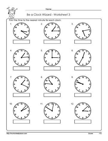 telling time worksheet to the minute