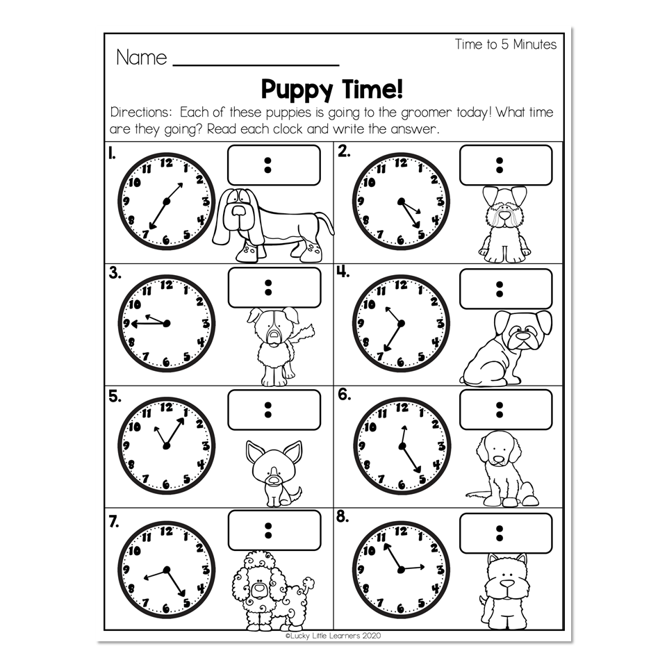 2nd Grade Math Worksheets - Time - Telling Time to 5 mins. - Puppy ...
