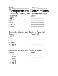 Temperature Conversions Worksheet for 6th - 10th Grade | Lesson Planet