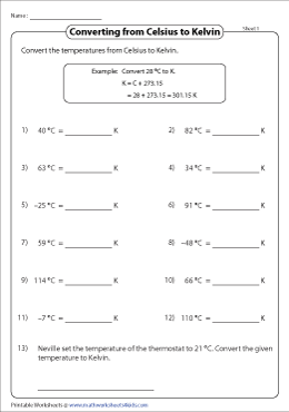 Convert between Celsius and Kelvin Worksheets