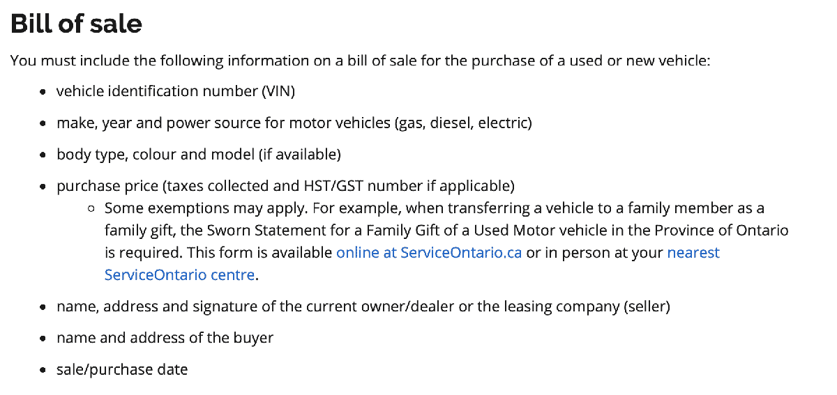 template bill of sale for used car ontario