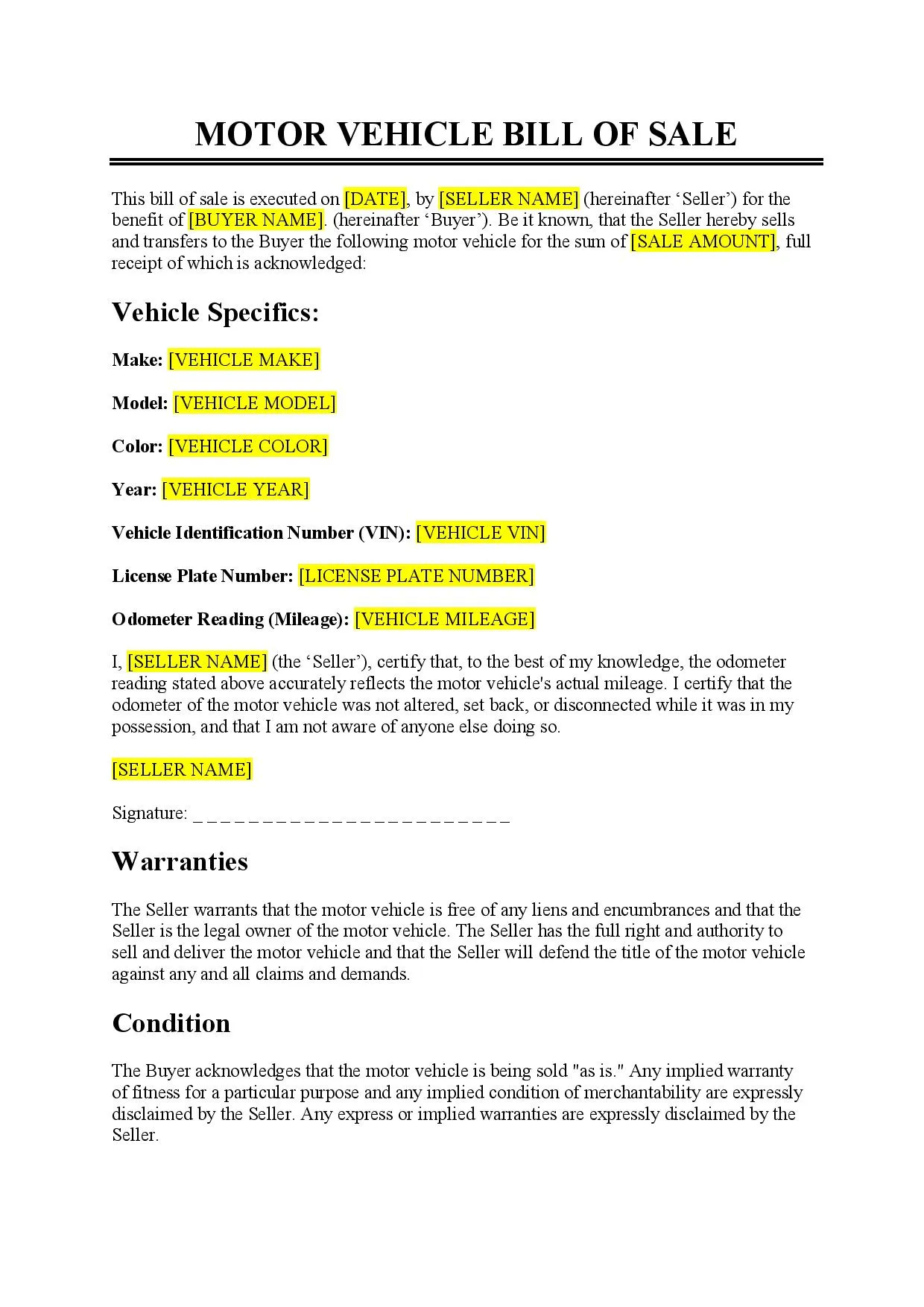 template bill of sale for used car ontario