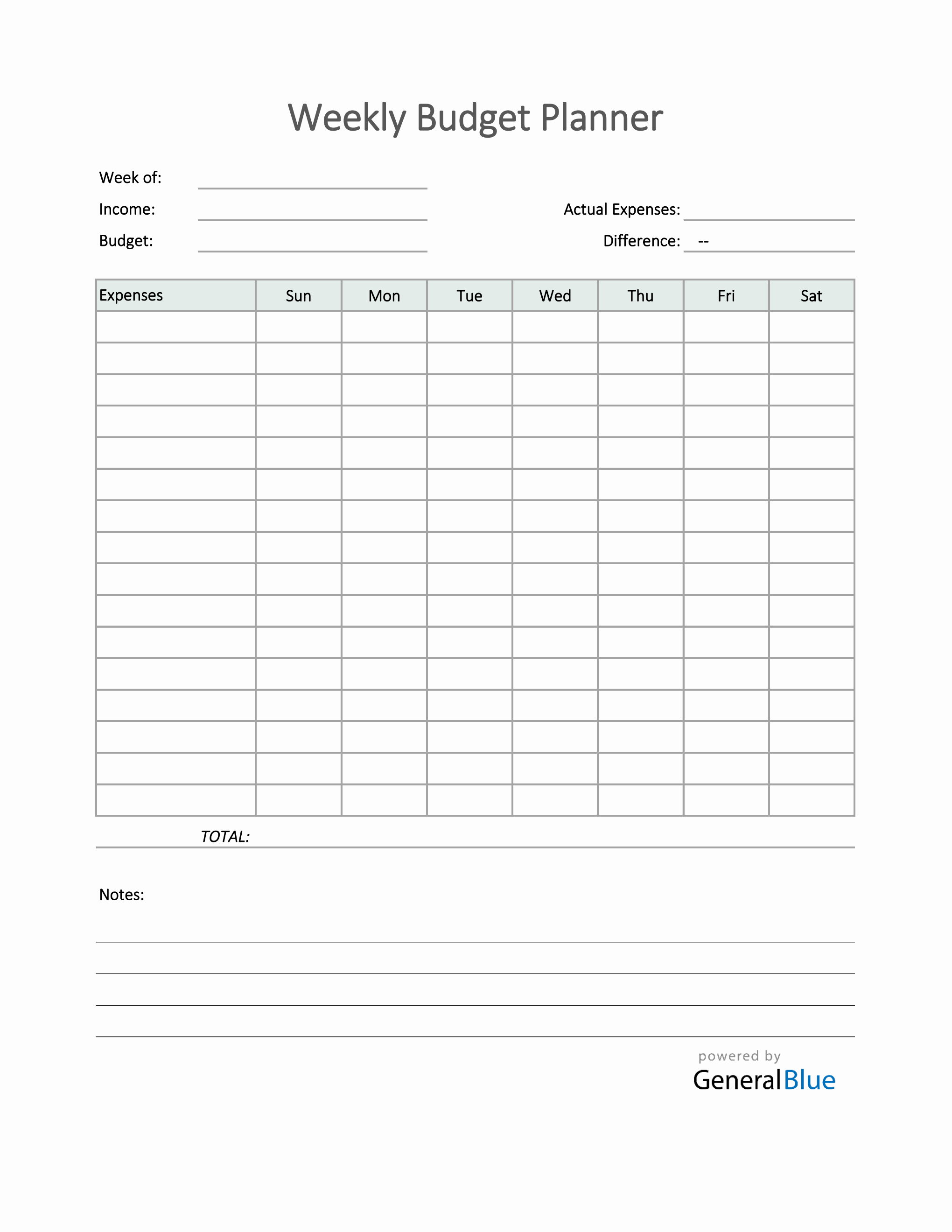 template weekly budget planner