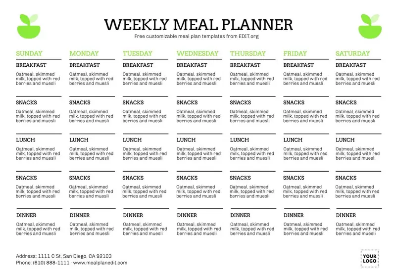 template weekly food planner