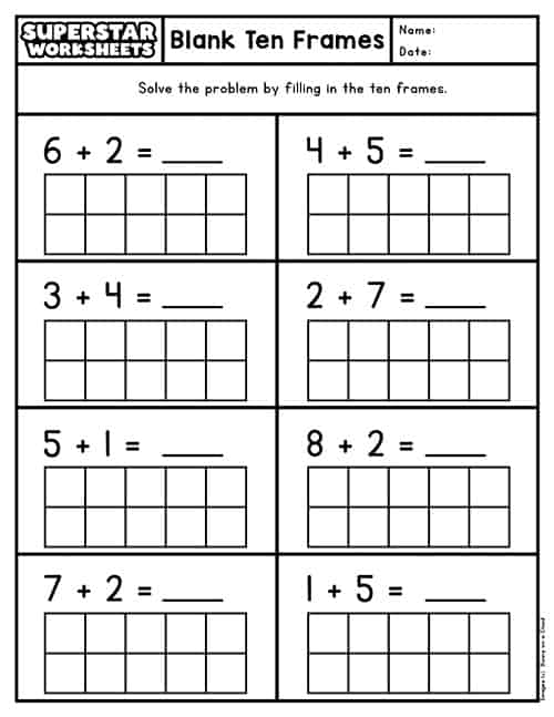ten frame addition worksheet for first grade