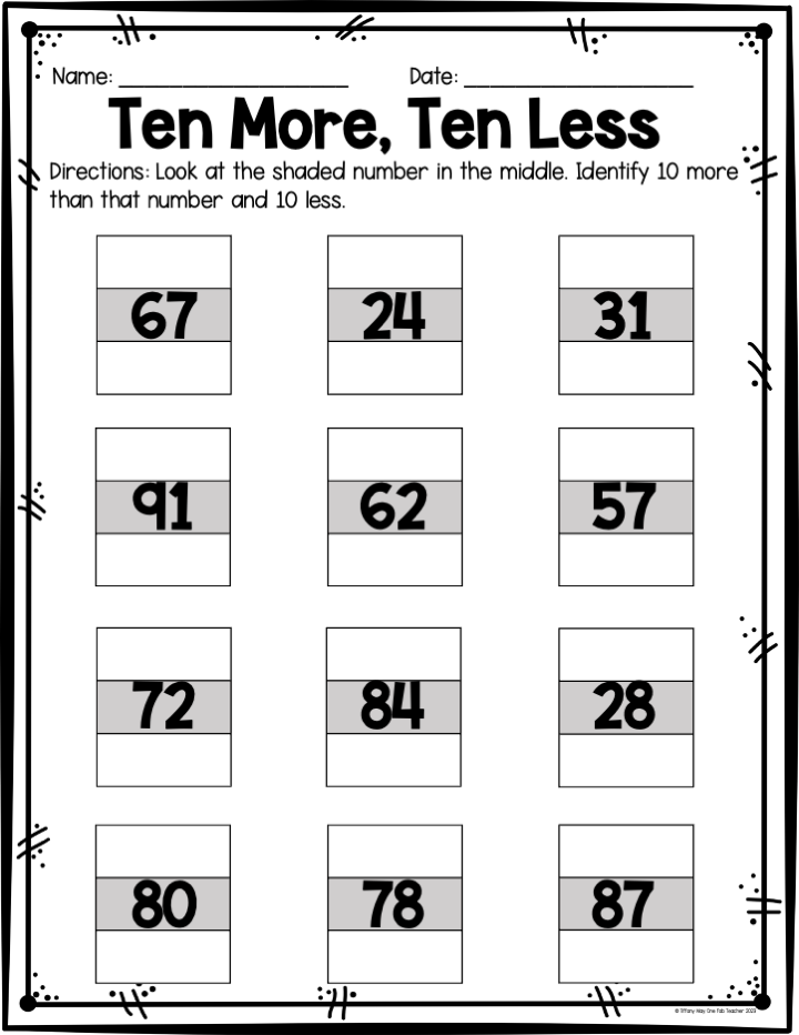 Ten More, Ten Less Elementary Math Worksheets One Fab Teacher