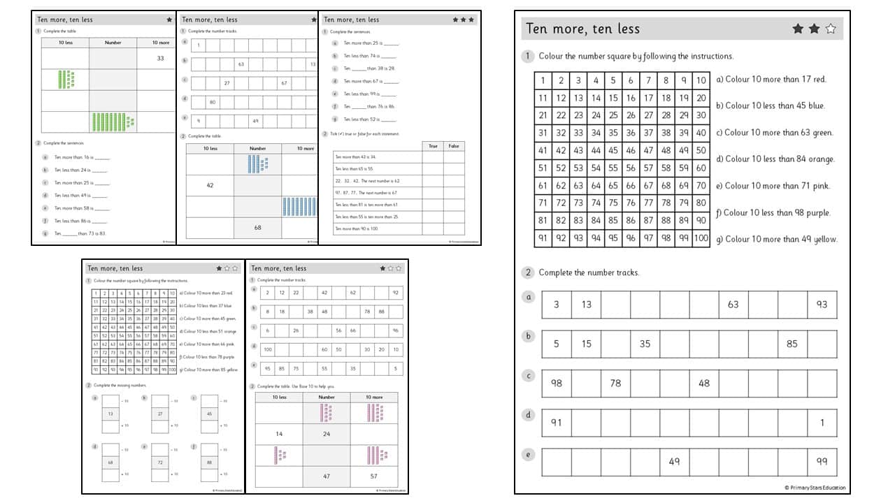 Ten more ten less Worksheets Primary Stars Education Worksheets