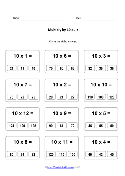 ten times tables worksheet