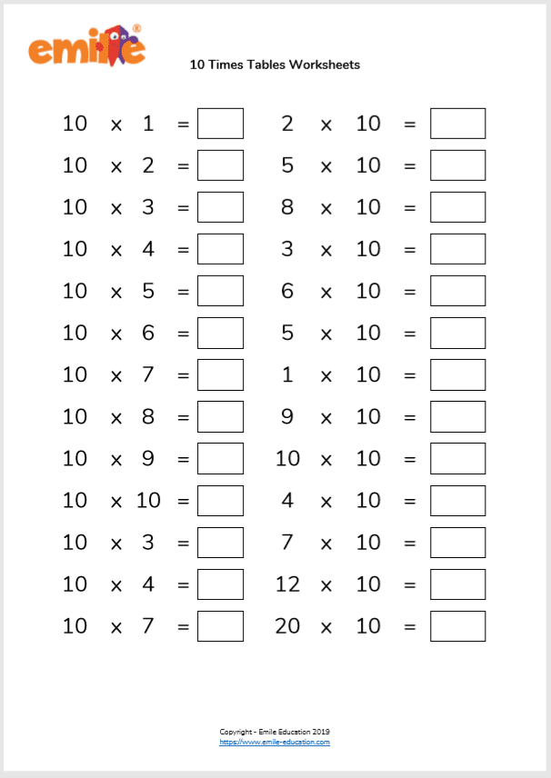 ten times tables worksheet
