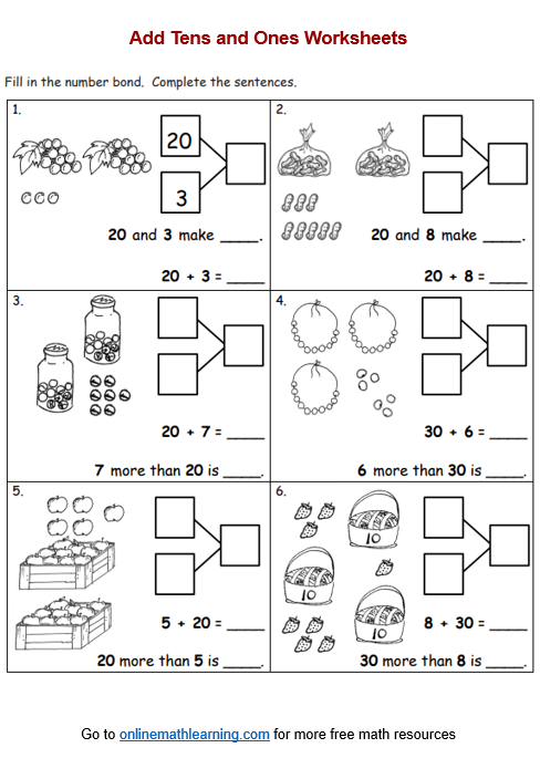 Add Tens &  Ones Worksheets (First Grade, printable, answers)