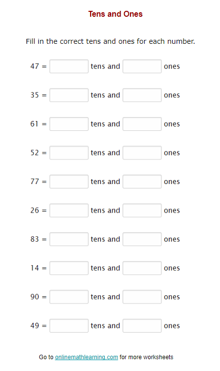 Tens and Ones Worksheets (First Grade, printable)