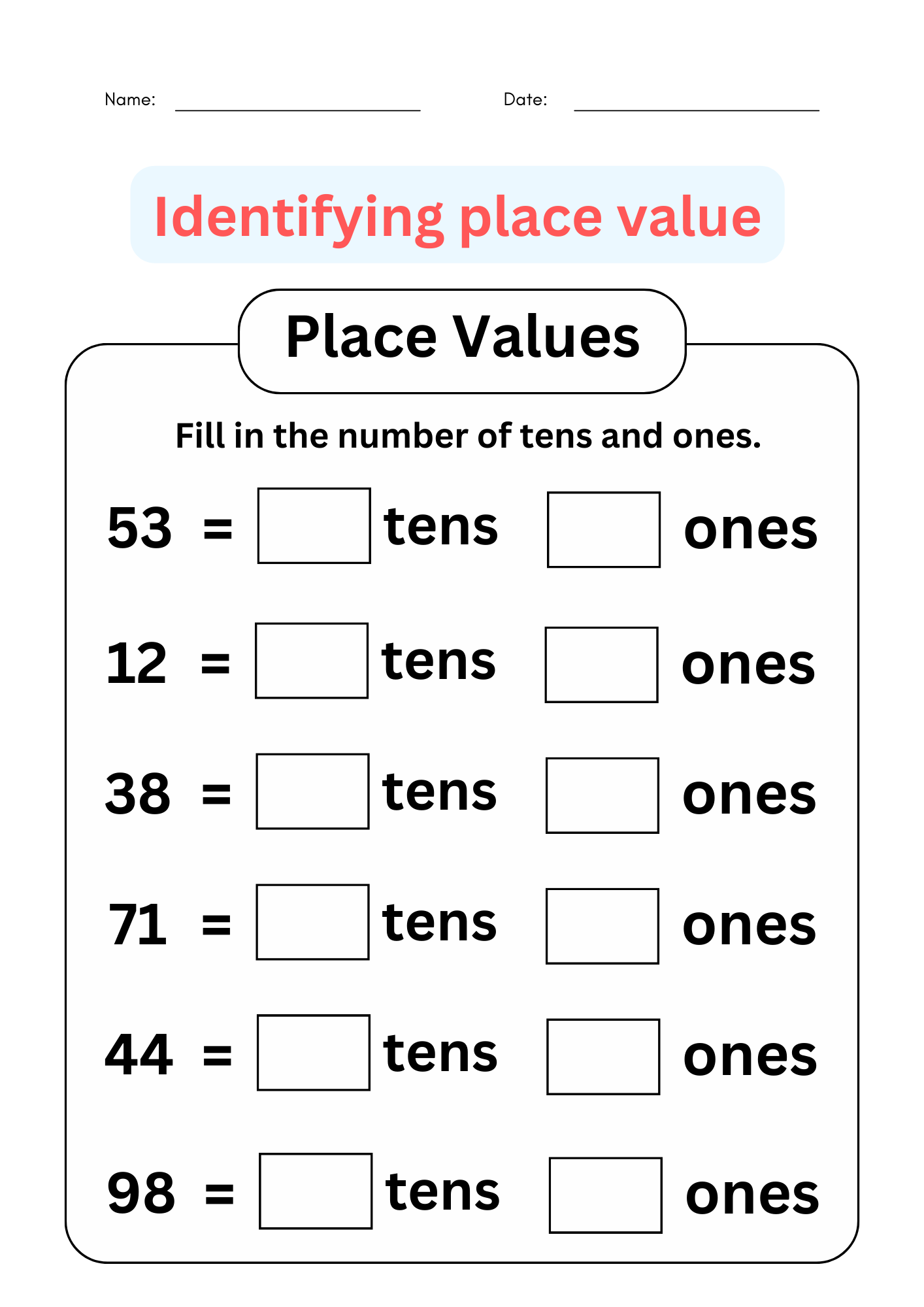 tens and ones worksheet first