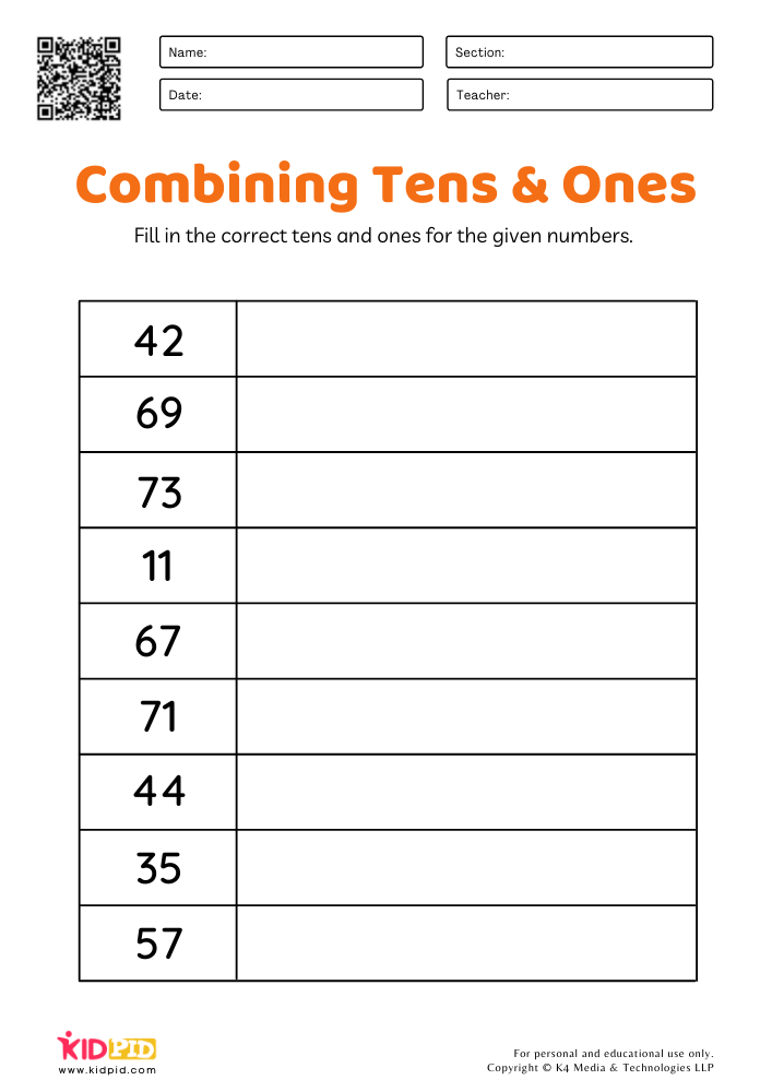 tens and ones worksheet for first grade