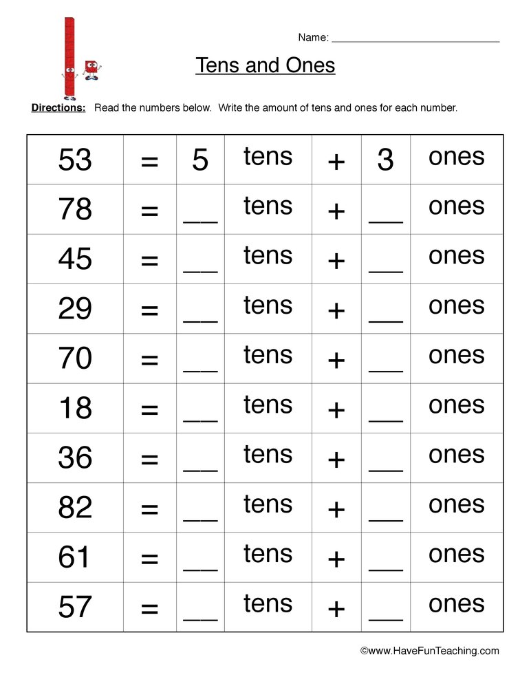 tens and ones worksheet for kindergarten