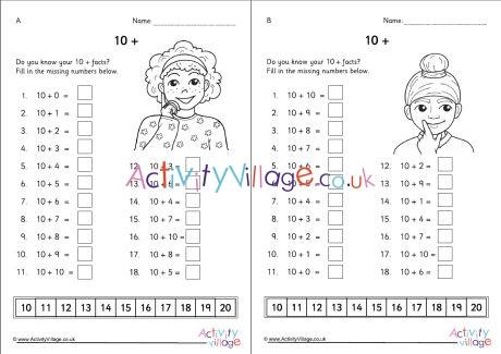 10 Plus Facts Worksheets