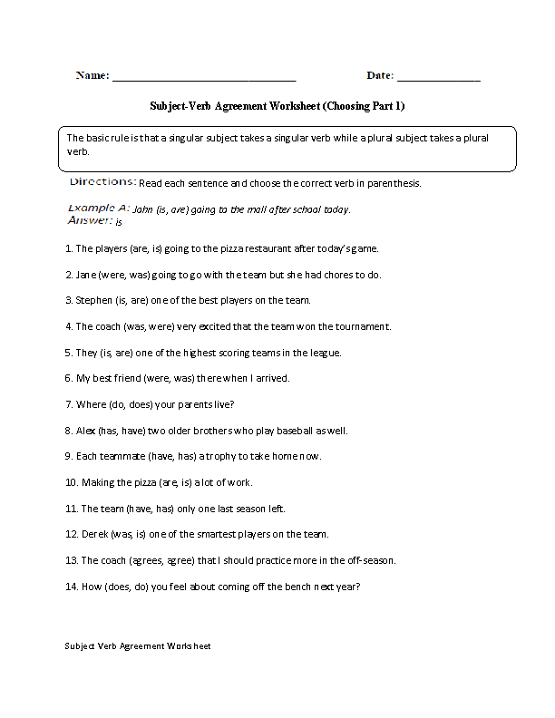 Subject Verb Agreement Worksheets | Choosing with Subject Verb ...
