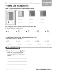 Tenths and Hundredths - Homework 21.1 Worksheet for 4th - 5th ...