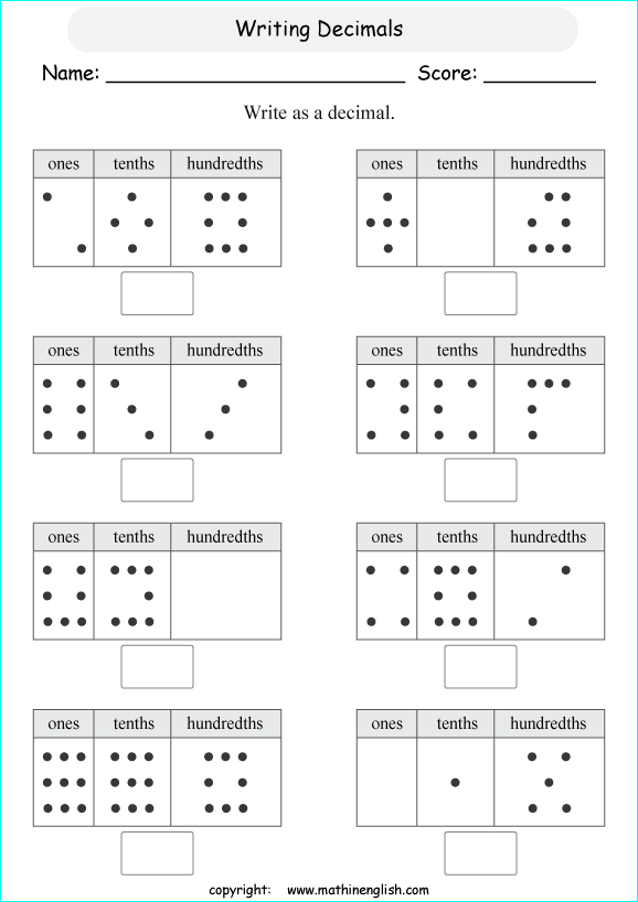tenths and hundredths worksheet grade 4