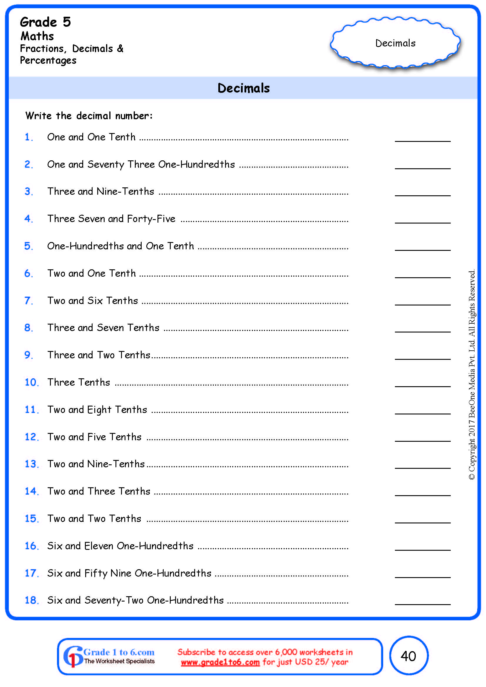 tenths and hundredths worksheet grade 5