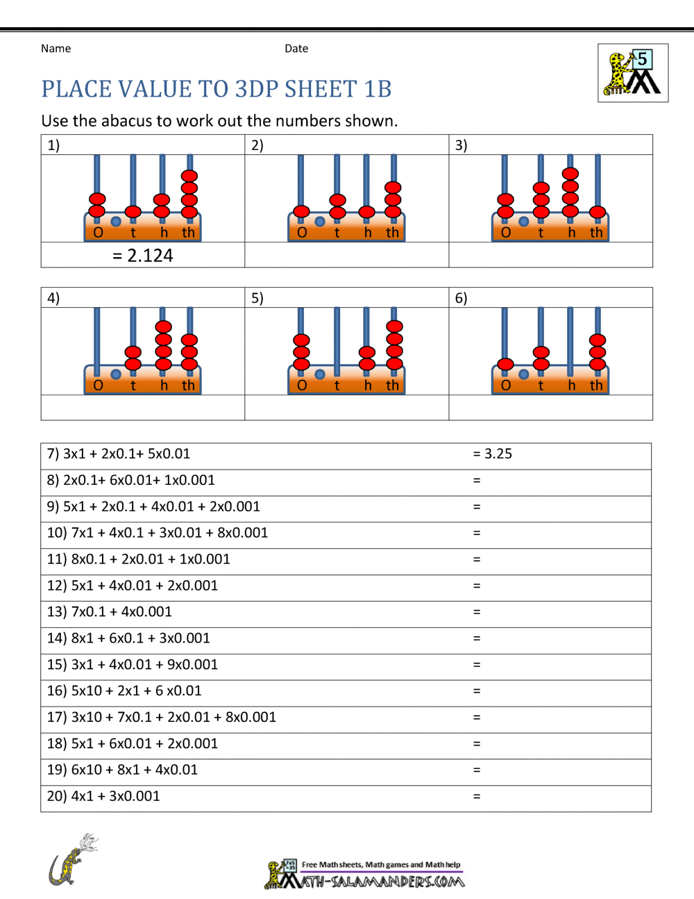 tenths and hundredths worksheet grade 5