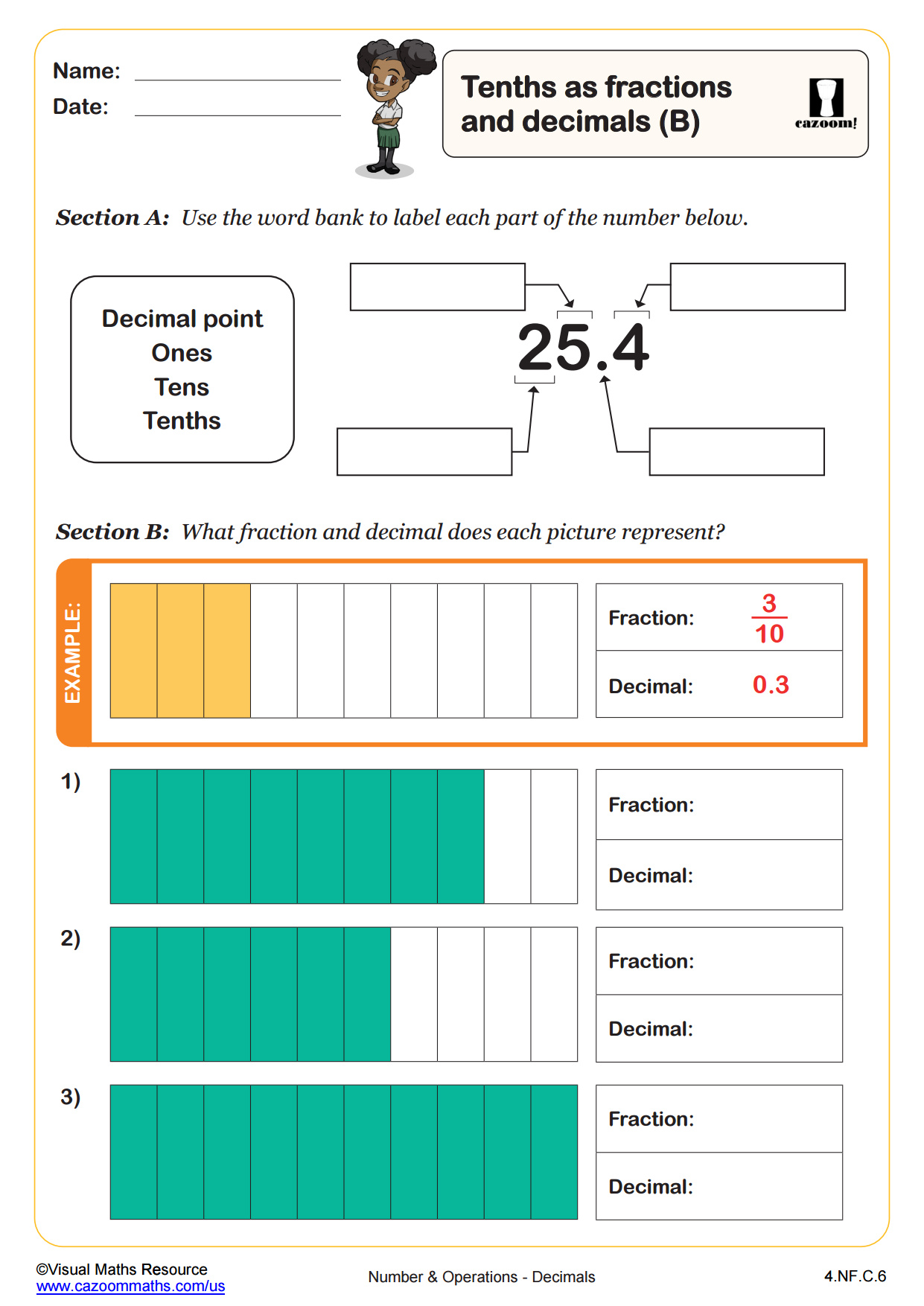 Tenths as Fractions and Decimals (B) | Fun and Engaging 4th Grade ...