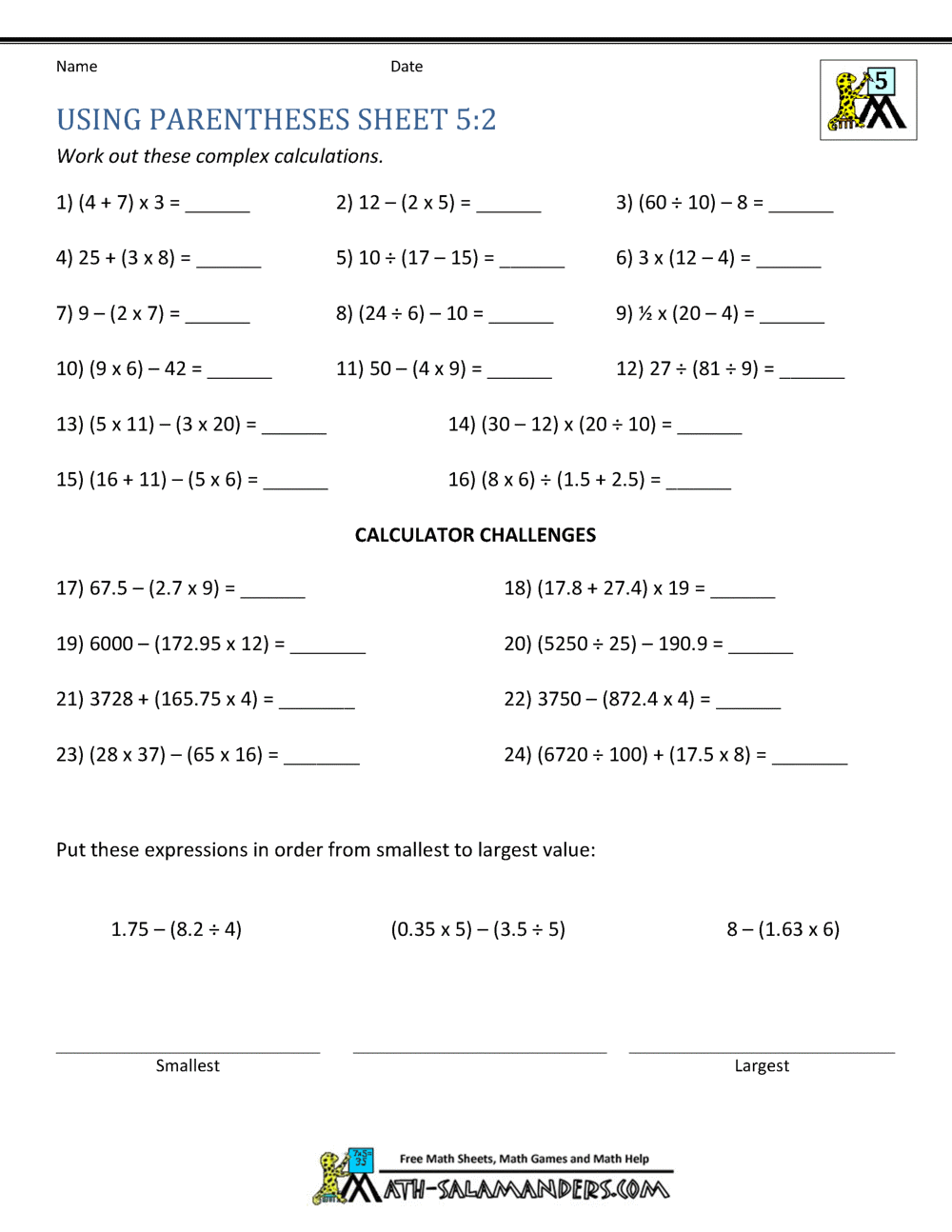 test 5th grade math worksheet