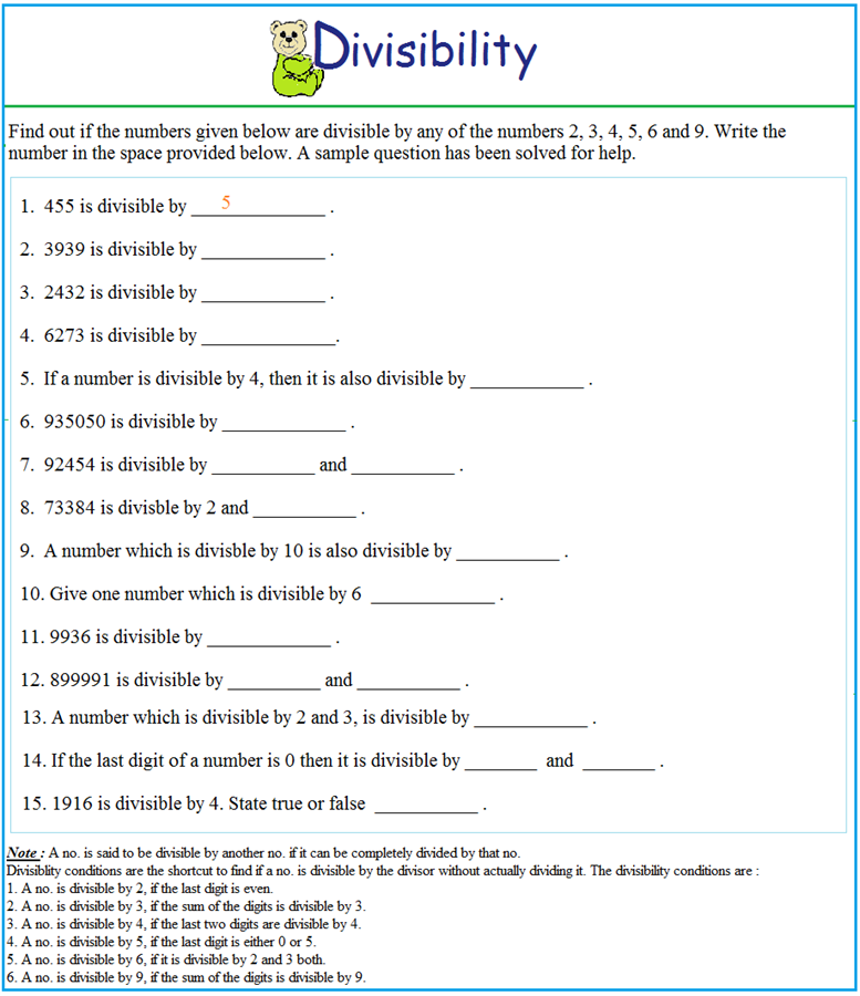 test of divisibility worksheet