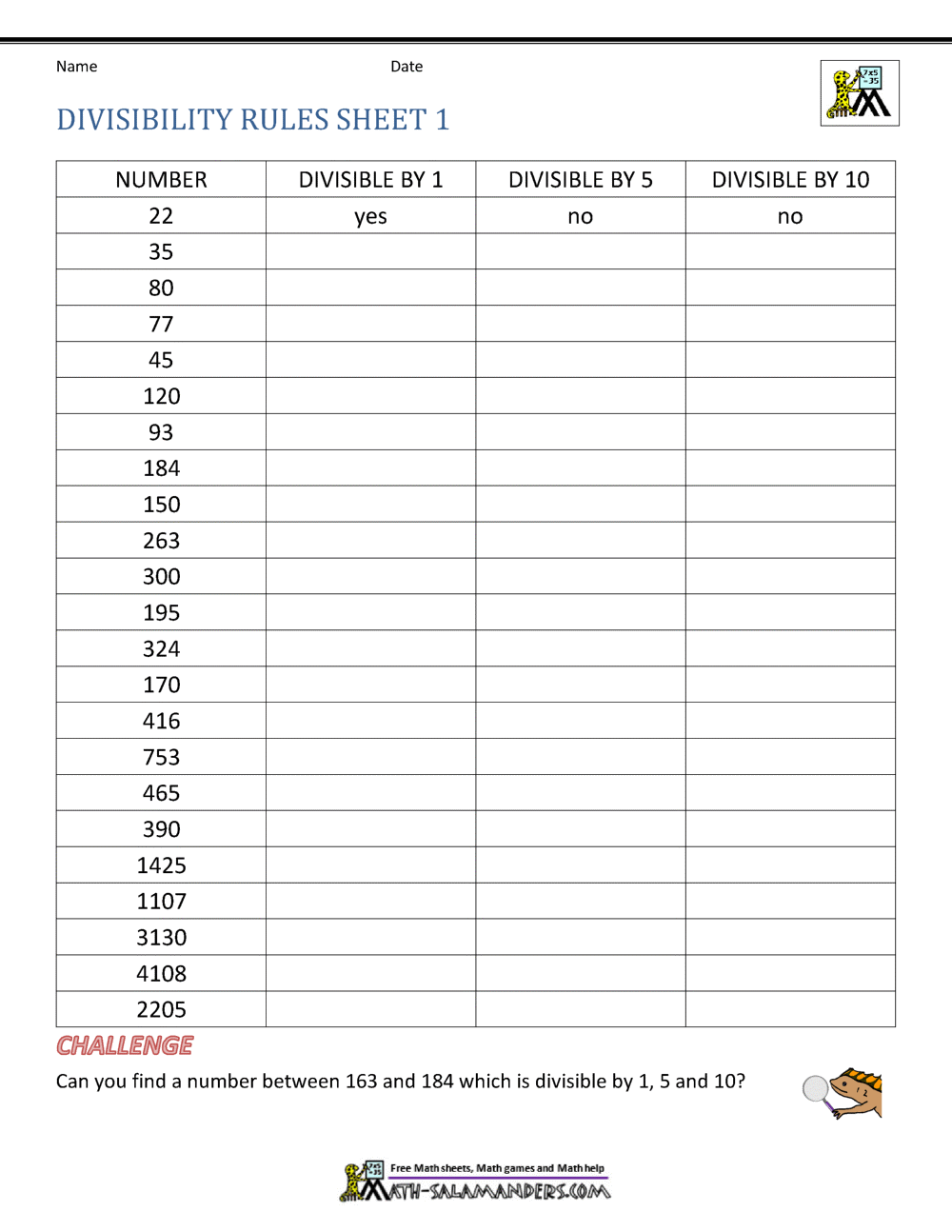 test of divisibility worksheet