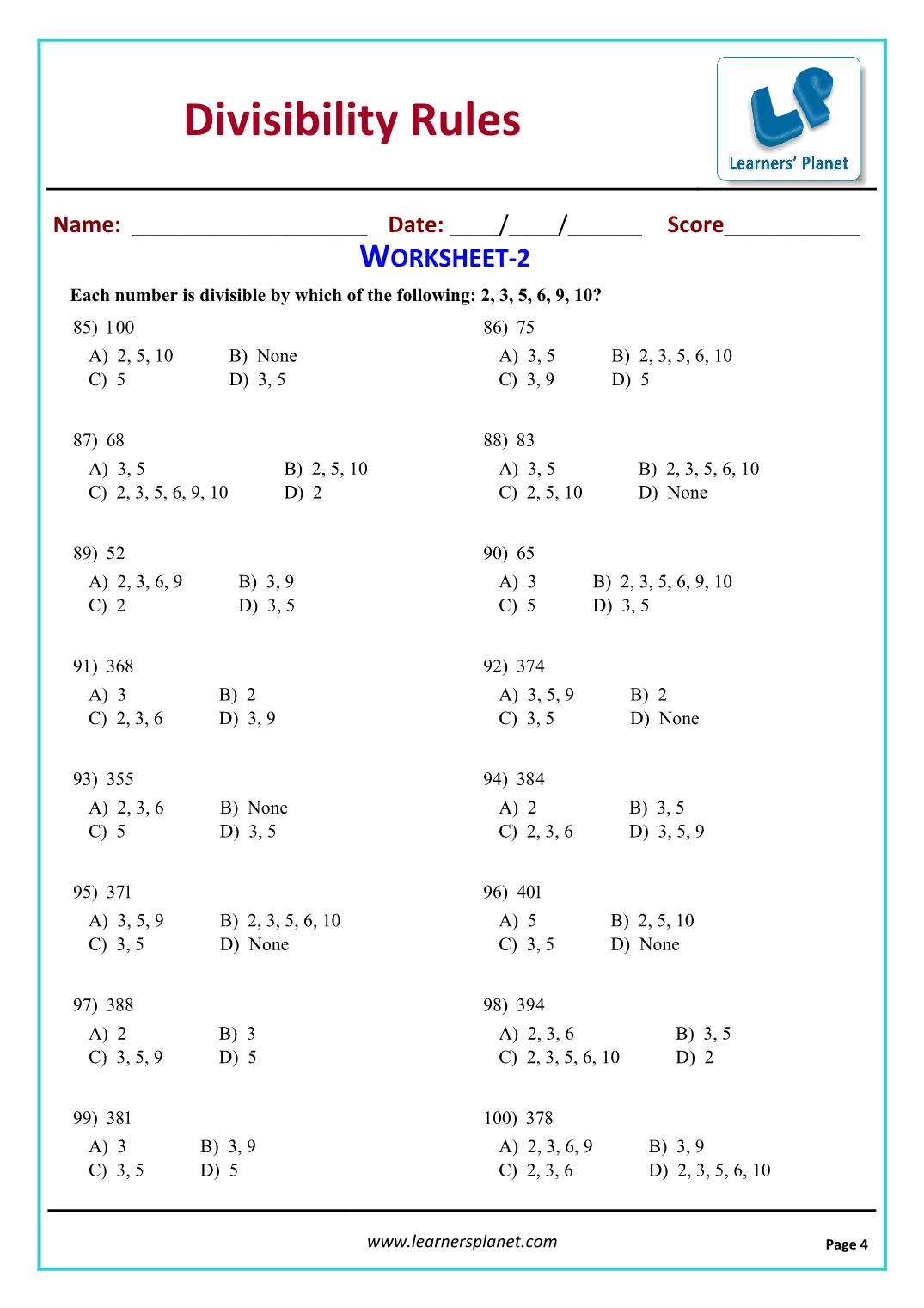 test of divisibility worksheet
