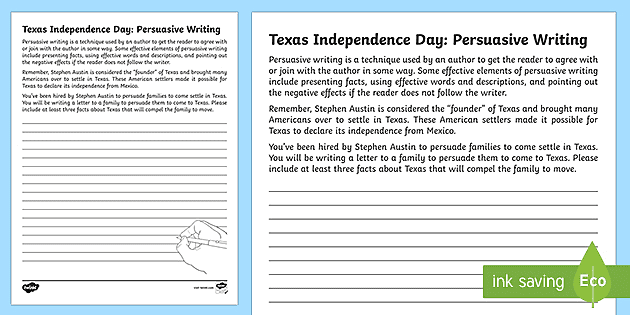 Texas Independence Persuasive Writing Prompt (teacher made)