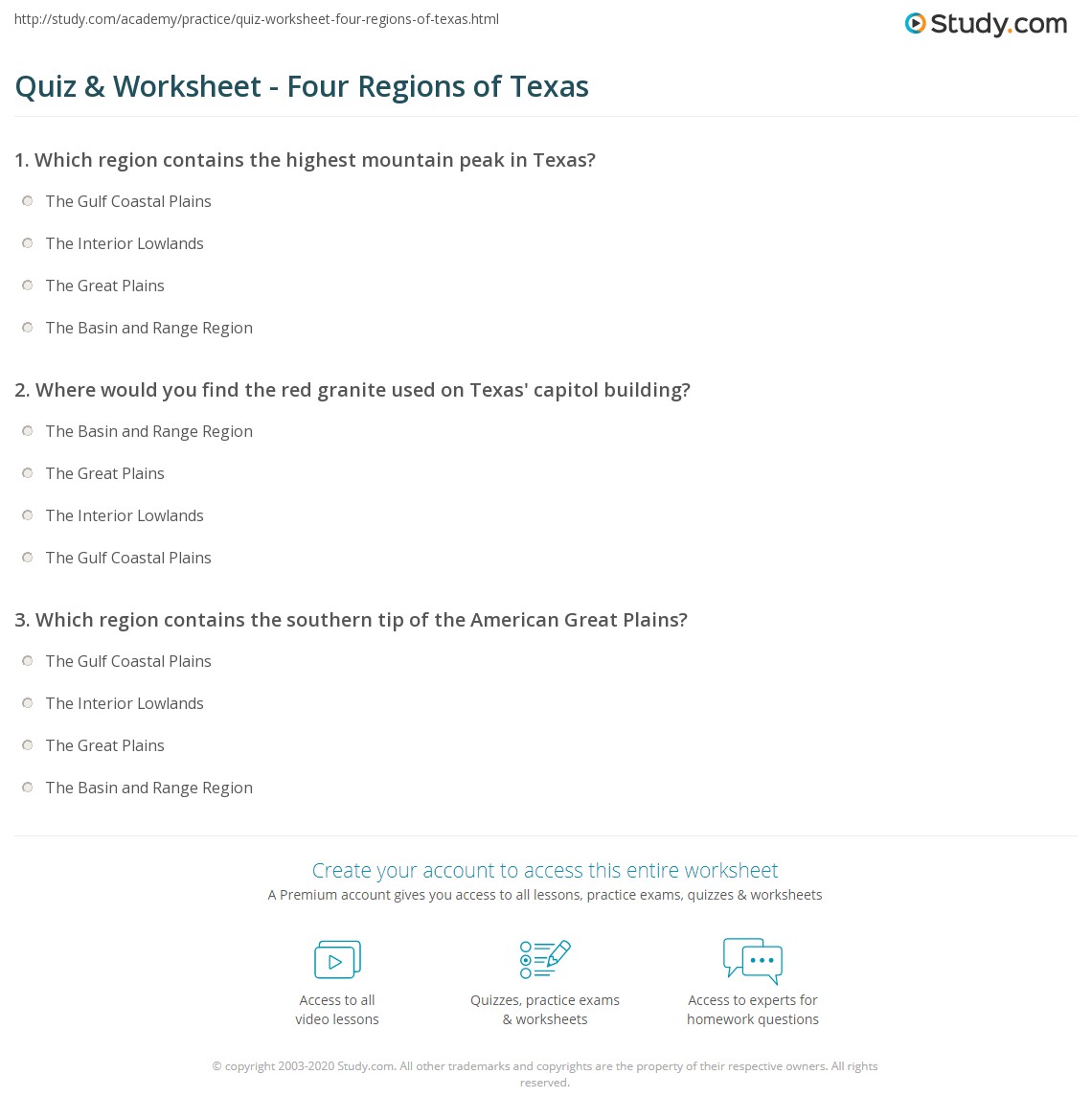 Quiz &  Worksheet - Four Regions of Texas | Study.com