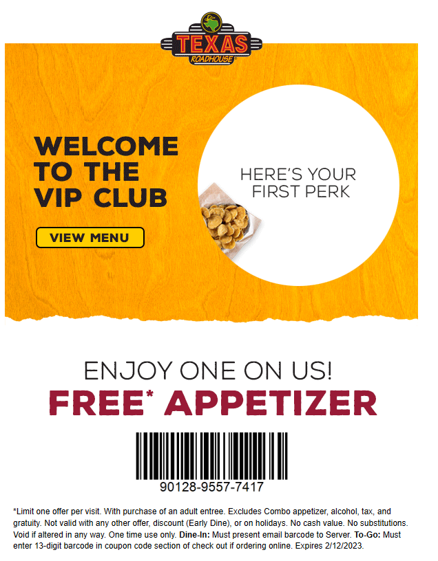 Free Appetizer At Texas Roadhouse Dine In See Fine Print 