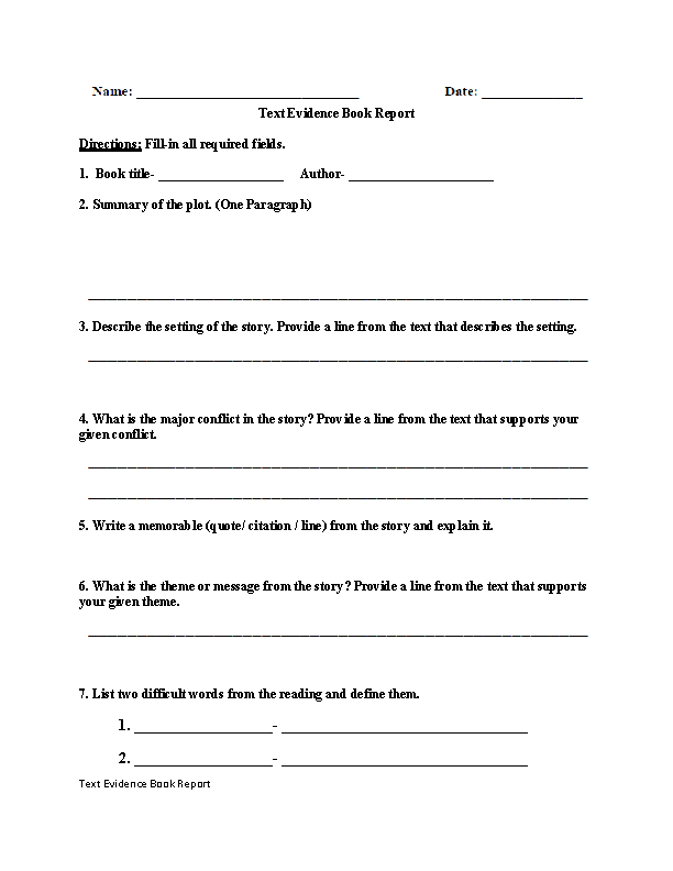 Text Evidence Worksheets | Book Report Text Evidence Worksheets