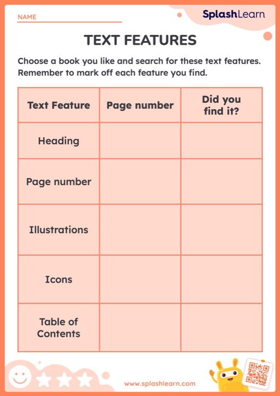 text features worksheet 1st grade