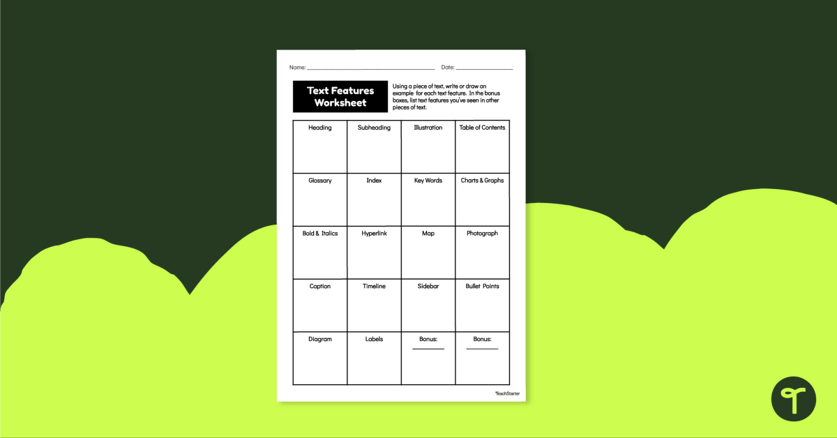 Text Features Worksheet | Teach Starter