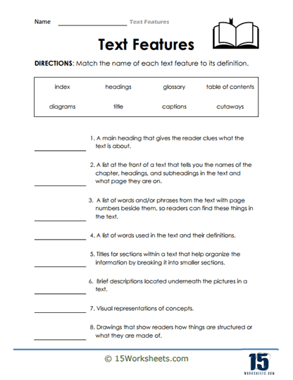 text features worksheet 4th grade