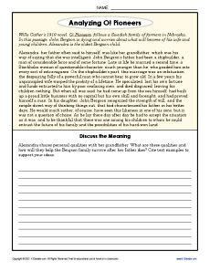 Analyzing O! Pioneers | 8th Grade Reading Comprehension Worksheets