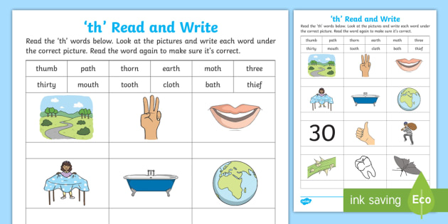 th Words for Kids - Read and Write th Phonics Worksheets