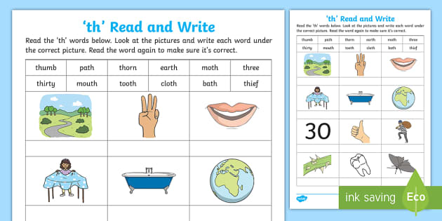th Words for Kids - Read and Write Worksheet - Twinkl