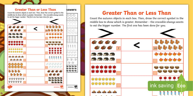 Autumn-Themed Greater Than or Less Than Worksheet - Twinkl